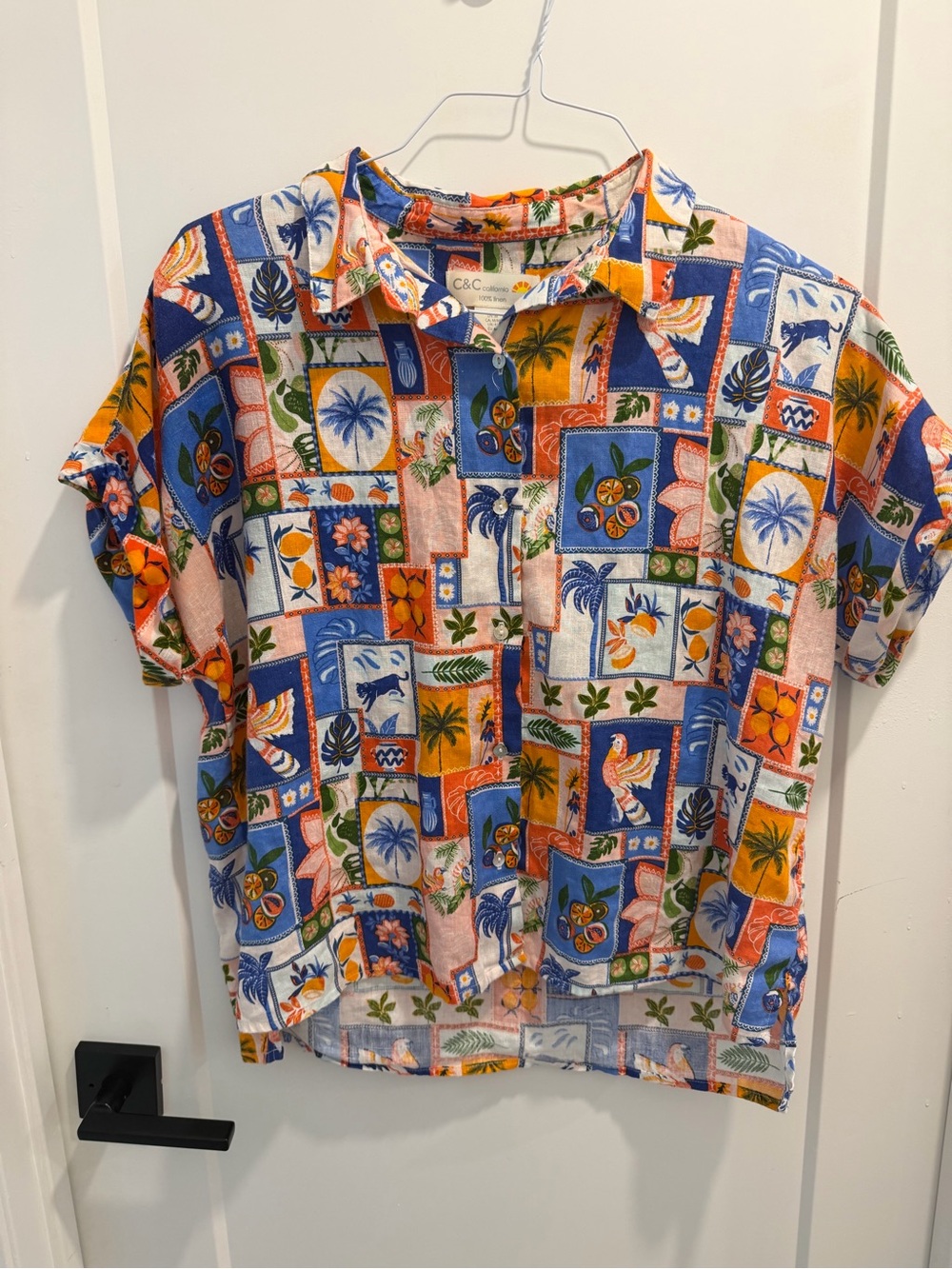 C&C California 100% Linen Tropical Patchwork Button-Up Shirt Size Medium